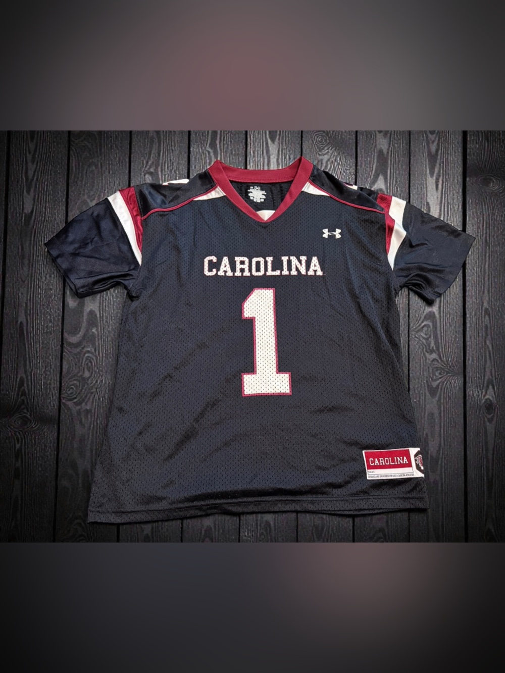 Under Armour Black, White & Maroon Carolina #1 Football Jersey